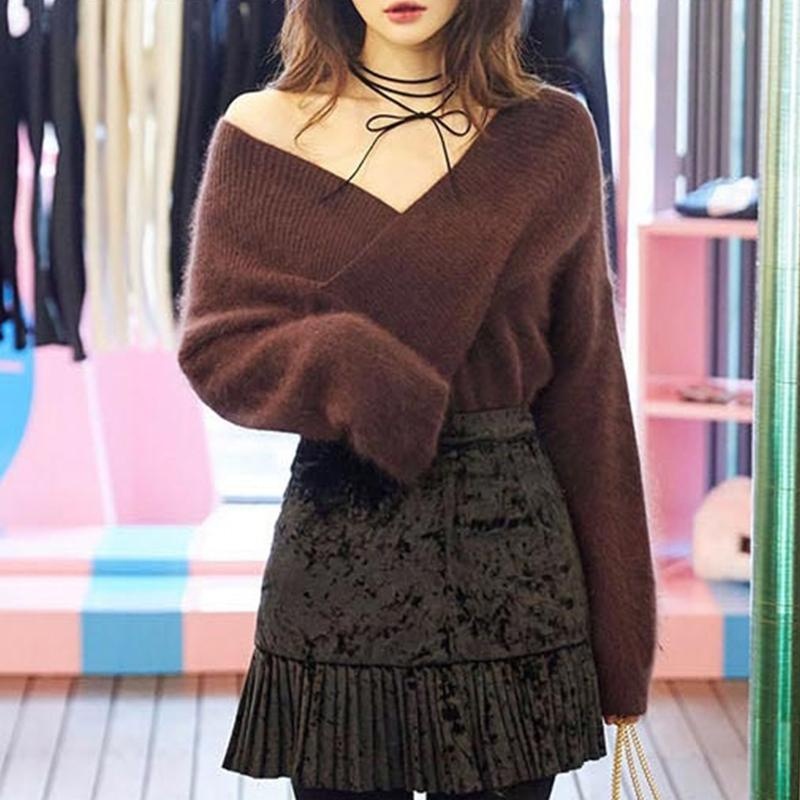 SUXI Áo Sweater Dệt Kim Cổ Chữ V Trễ Vai Quyến Rũ Thời Trang Cho Nữ Phong Cách Hàn Quốc