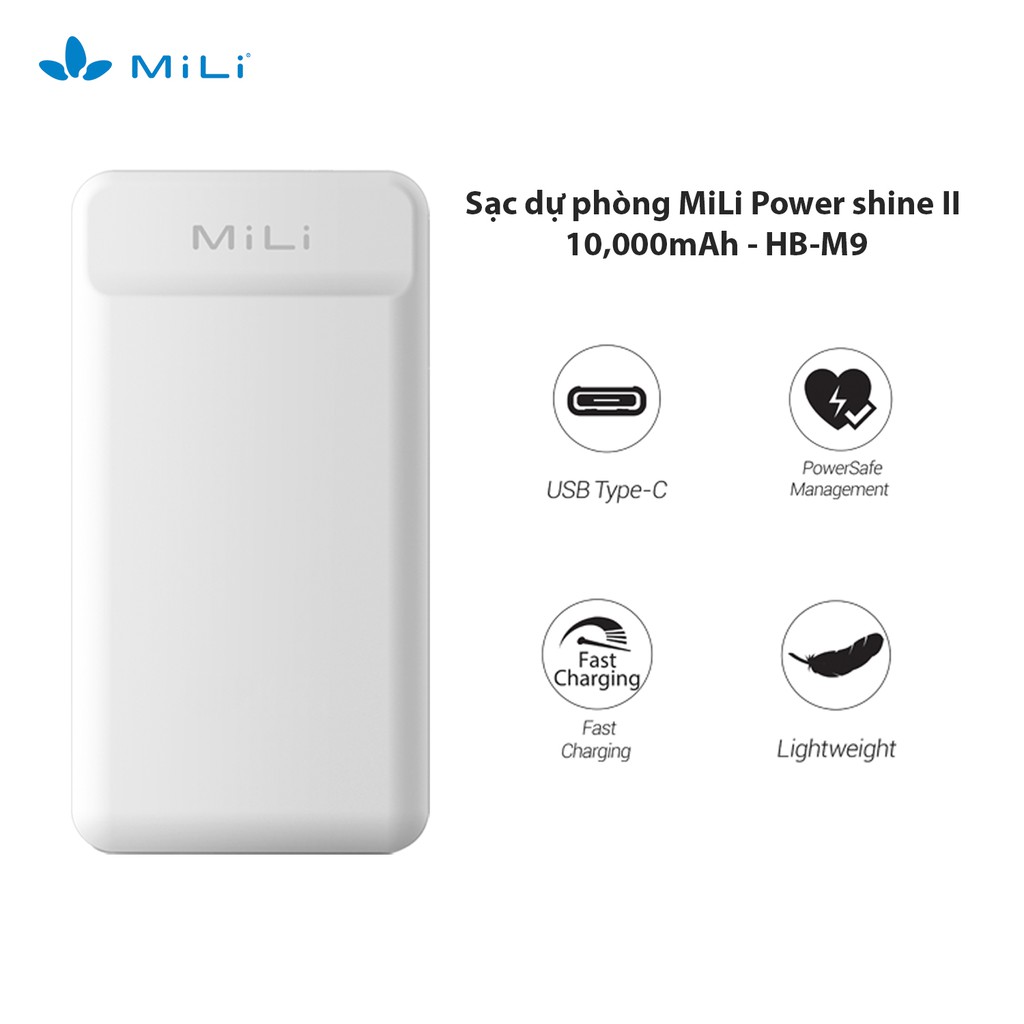 [Mã ELDTR70 giảm 5% đơn 150K] Sạc dự phòng MiLi Power shine II 10,000mAh/3.7V - HB-M90