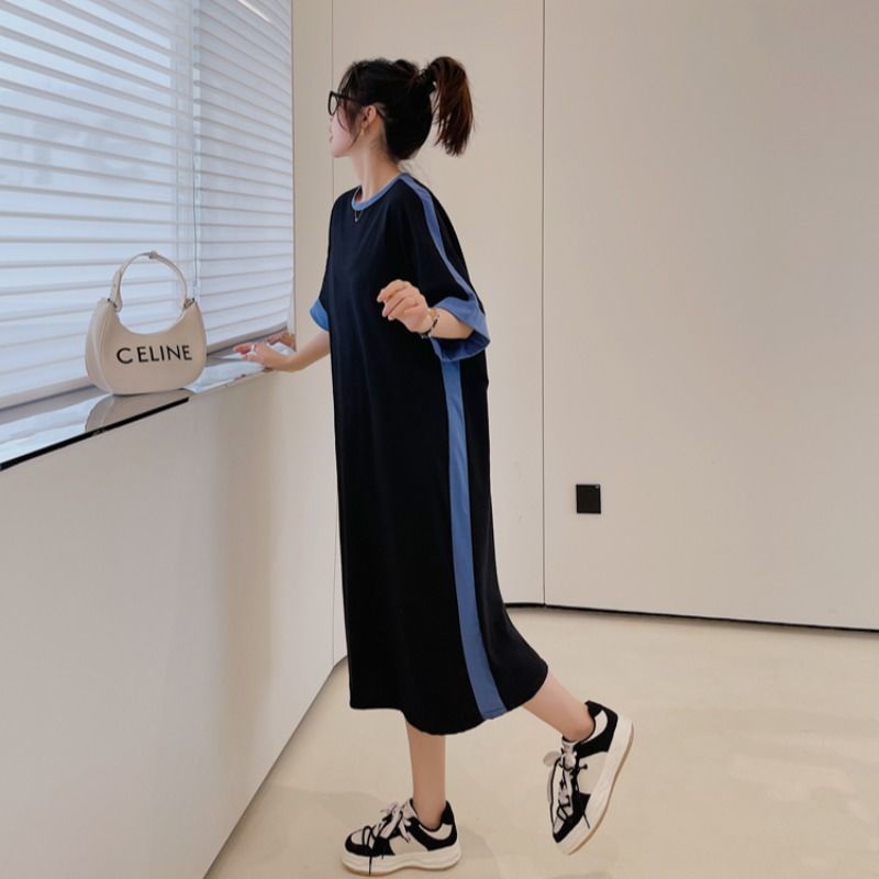 Đầm Tay Ngắn Dáng Rộng Mỏng Màu Sắc Tương Phản Cho Phụ Nữ