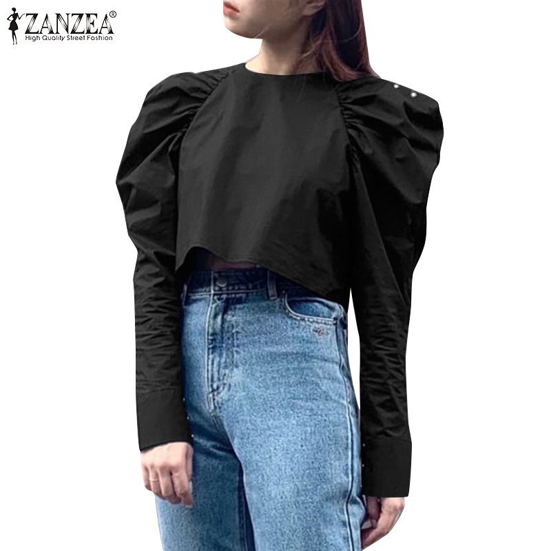 Áo kiểu Zanzea tay phồng dài cổ tròn màu trơn thời trang dành cho nữ