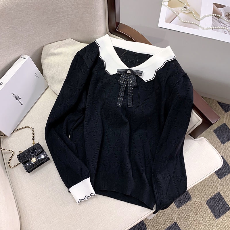 Áo Sweater Dệt Kim Tay Dài Cổ Búp Bê Màu Sắc Tương Phản Thời Trang Mùa