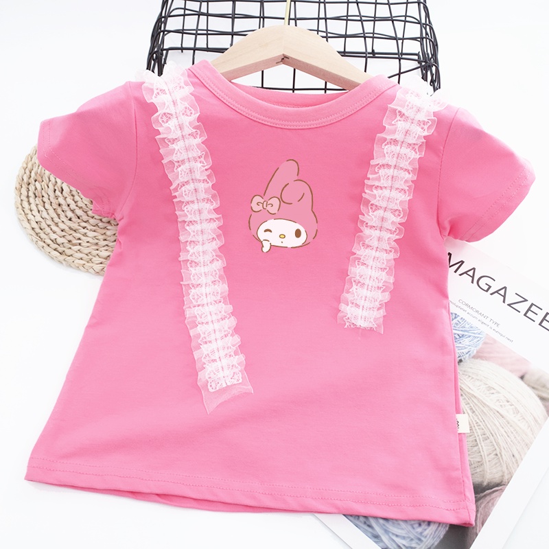 Áo Thun Cotton Cổ Tròn Phối Ren Họa Tiết Hoạt Hình StellaLou Nhiều Màu Sắc Dành Cho Nữ