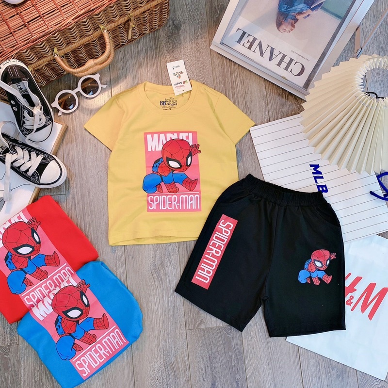 Bộ cộc tay in hình siêu nhân Spider-man cotton màu xanh. vàng . đỏ cho bé trai từ 10-23kg ( hình thật và video thật)