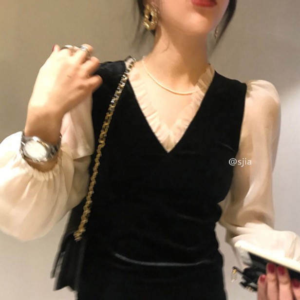 Đầm nhung cổ chữ V phong cách Hàn Quốc đáng yêu cho nữ | BigBuy360 - bigbuy360.vn