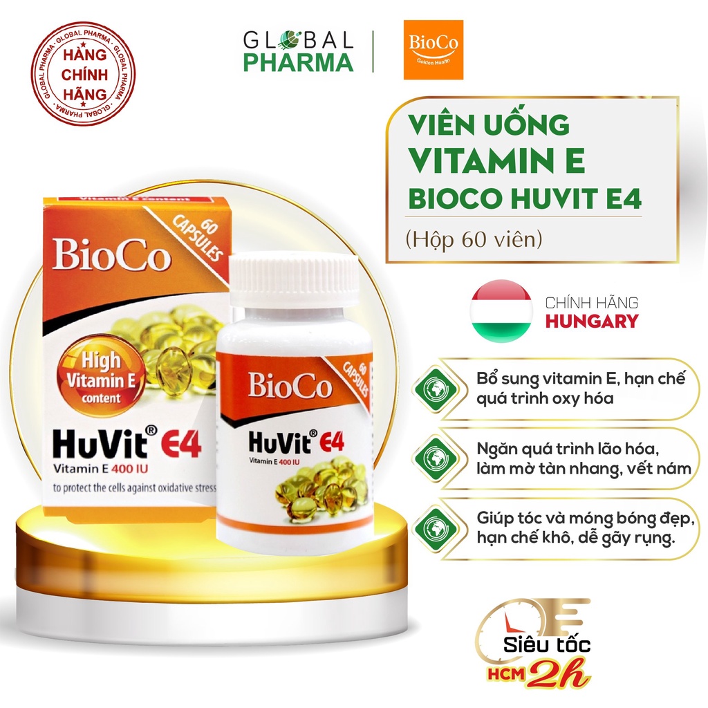 Viên uống vitamin E Bioco Huvit E4 ngăn lão hóa, mờ tàn nhang, nám (Hộp 60v)