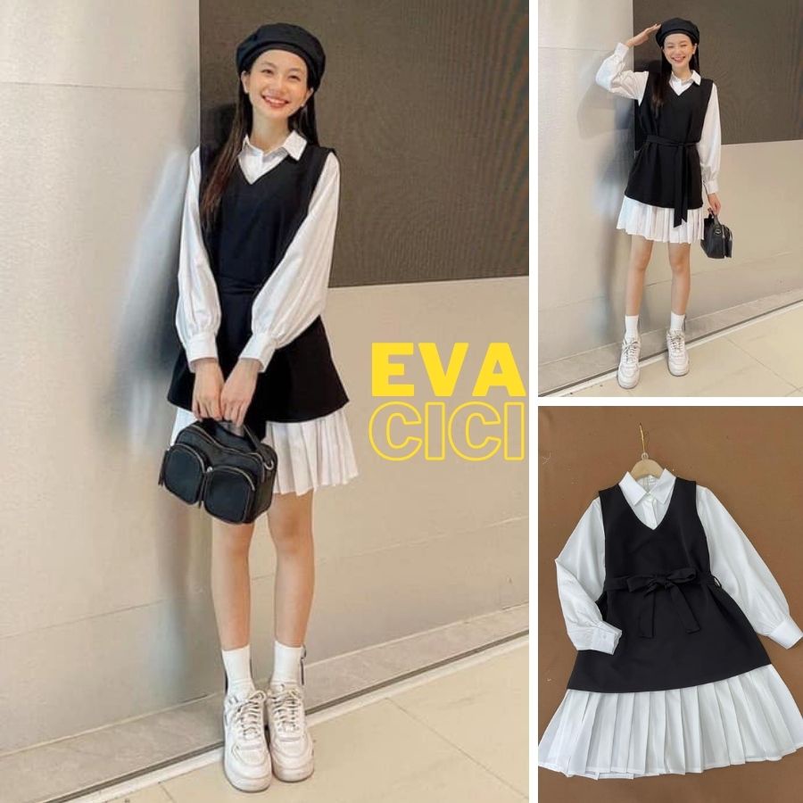 Set váy sơ mi xếp ly kèm yếm đen thắt eo siêu tôn dáng thanh lịch. Có thể tách rời 2 món.