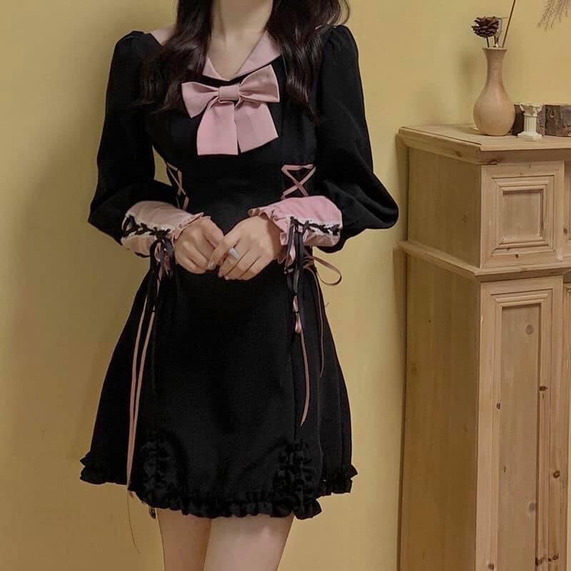 od taobao Váy dàu tay hoạ tiết thắt dây làm lộ vòng eo con kiến của chị em