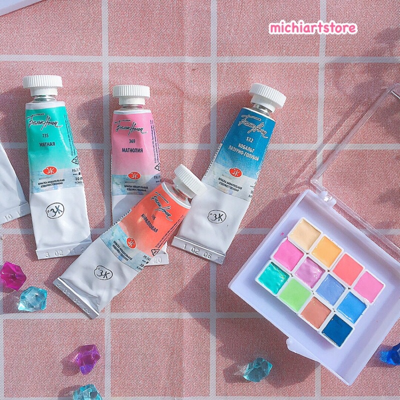 [Michi Art Store] Màu nước White Nights tông pastel 12 màu pocket 0,5ml, 1ml hạng hoạ sĩ xuất xứ Nga