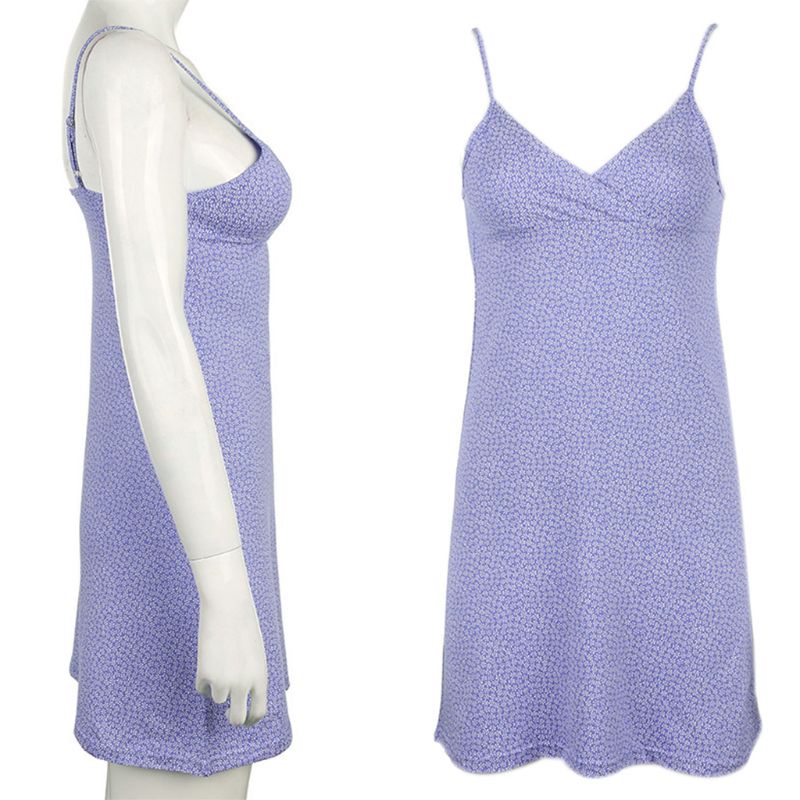 Đầm Hai Dây Dáng Chữ A Lưng Cao Cổ Chữ V Hở Lưng Họa Tiết Hoa Tím Phong Cách Quyến Rũ