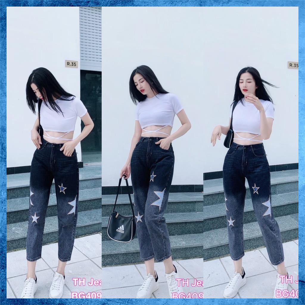 Quần jeans dáng baggy, quần bò nữ lưng cao túi chéo xước nhẹ, họa tiết sao. Mã A4160