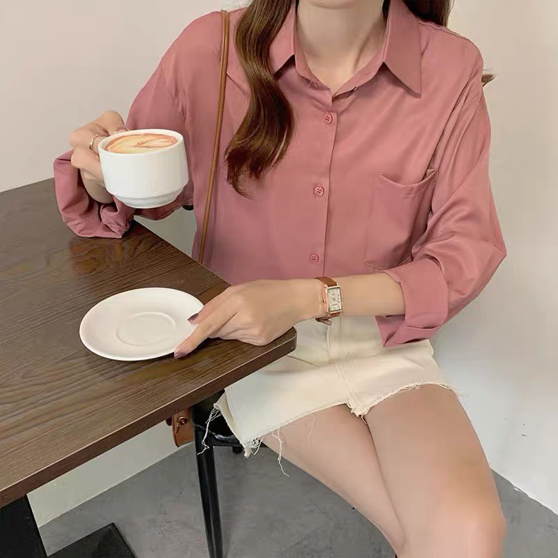 Áo sơ mi nữ Maika  form rộng dài tay màu trắng lụa hàn mát mịn phong cách Ulzzang Hàn Quốc