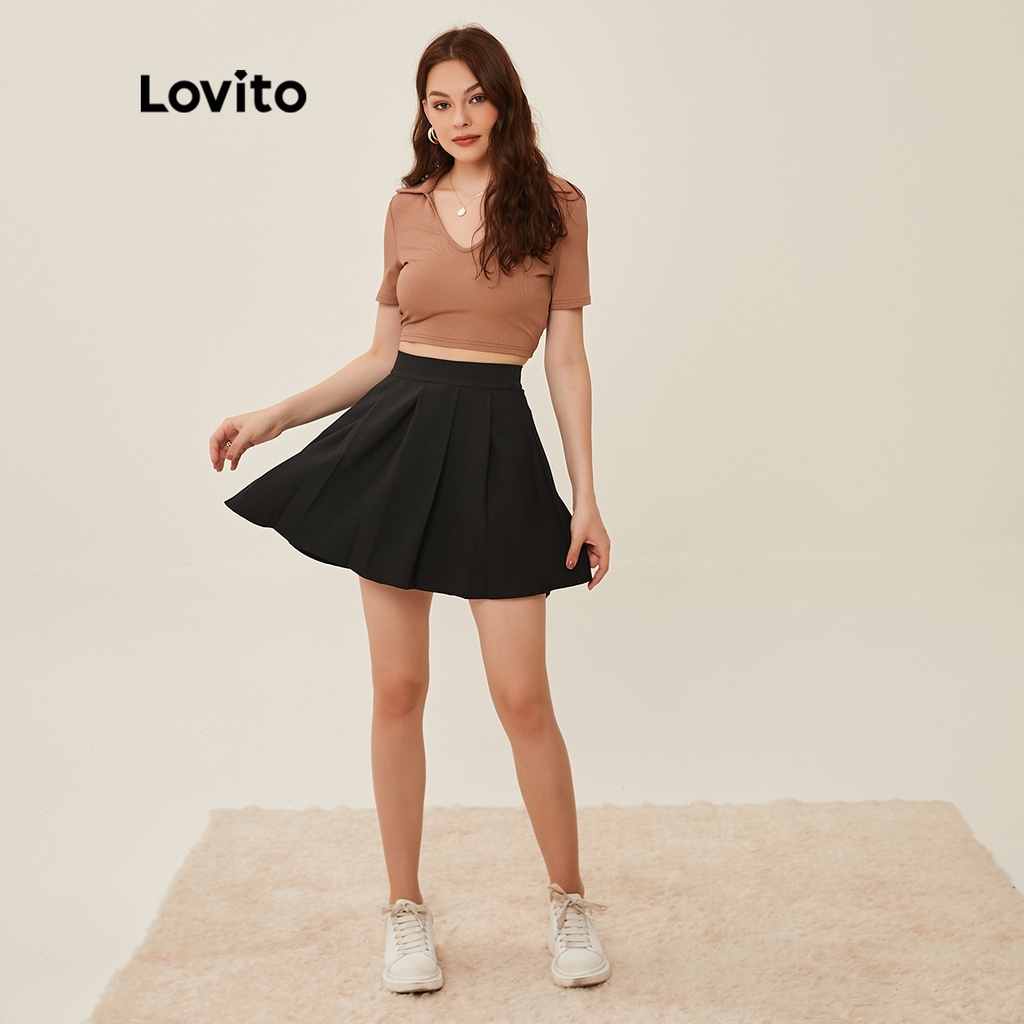 Lovito Váy Xếp Ly Cơ Bản Kẻ Sọc Lovito L20D381 (Đen)