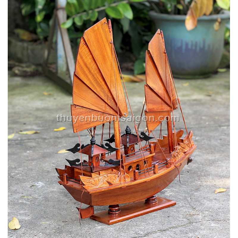 Mô hình thuyền buồm gỗ phong thủy thuyền gỗ trang trí nhà cửa Rồng Hạ Long thân tàu 40cm (gỗ Hương)