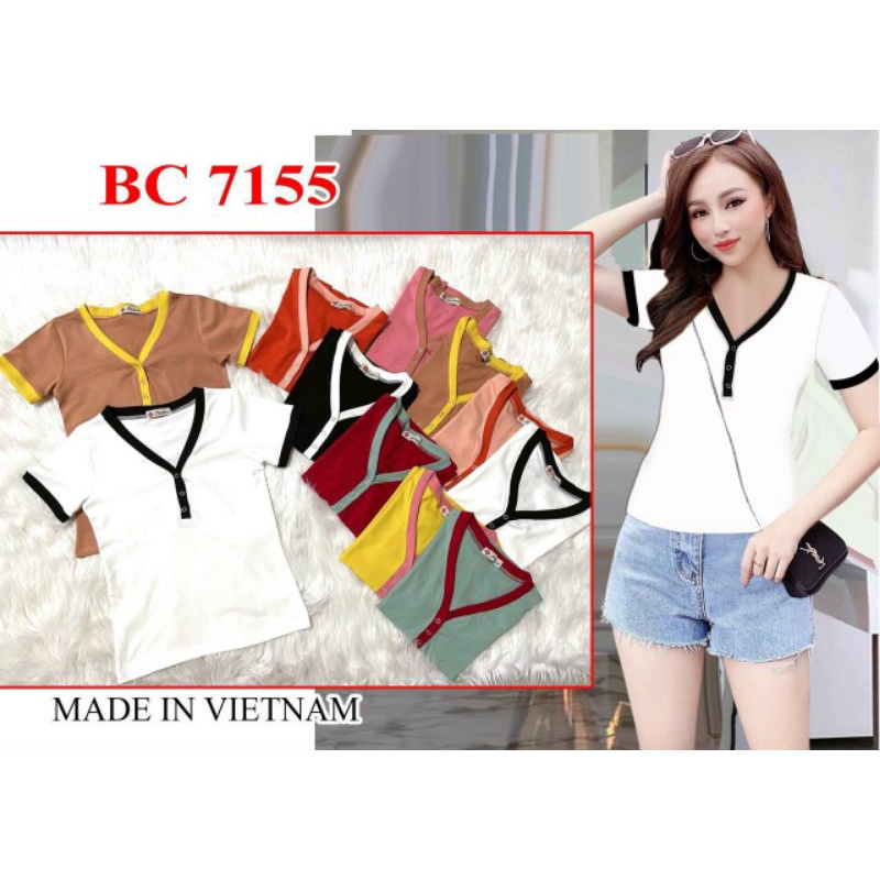 Áo Kiểu Cổ Tim Cúc Bấm Thiết Kế Viền Cổ Phối Màu Phom Ôm Body Chất Vải Co Giãn Bc7155