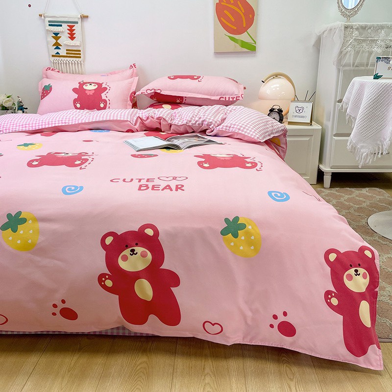 Bộ Chăn Ga Gối Cotton Poly Hizun Mẫu Gấu Hồng