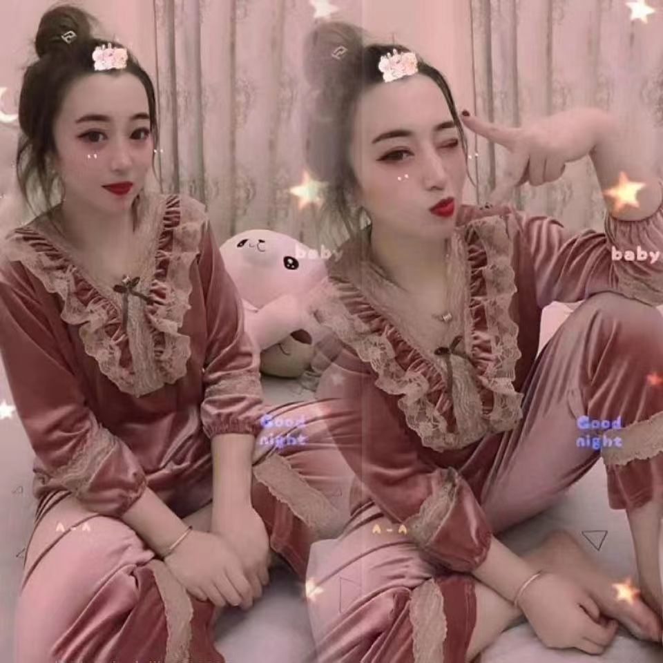 Bộ Đồ Ngủ Tay Dài Chất Nhung Thời Trang Xuân Thu Phong Cách Hàn Quốc Cho Nữ