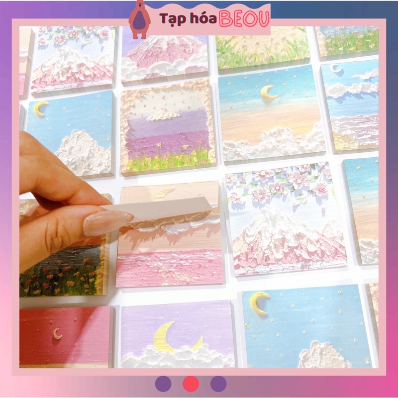 (Không dán được) Giấy note tranh sơn dầu 40 tờ trang trí sổ, giấy ghi chú họa tiết tranh vẽ