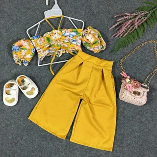 [FREESHIP ĐƠN 50K], [ẢNH THẬT] Bộ Đồ Áo Croptop Hoa Mùa Xuân Trễ Vai Tay Phồng Quần Ống Rộng Cho Bé Gái