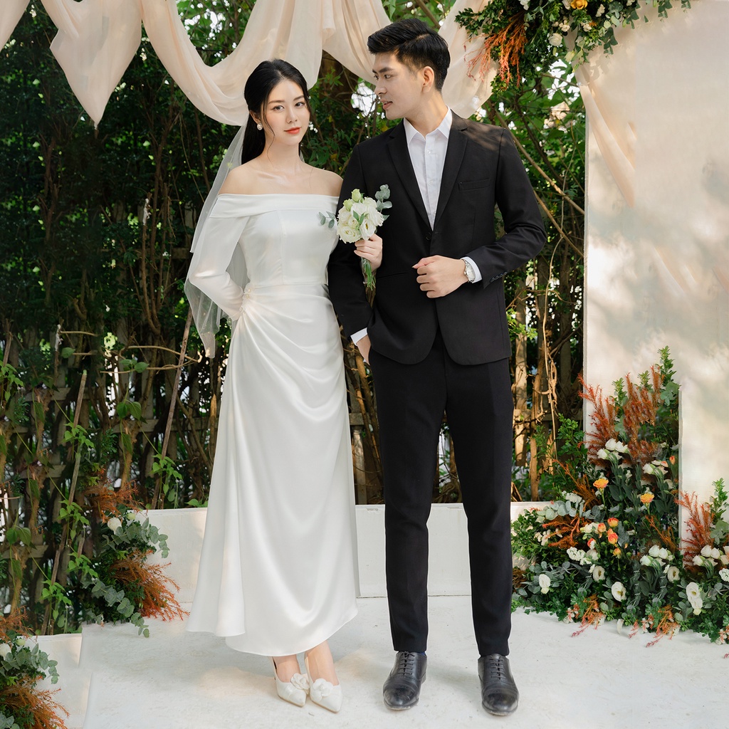 Váy trắng trễ vai dáng dài cho cô dâu, dự tiệc chất lụa sang trọng thiết kế chính hãng GIIAN - GV2426
