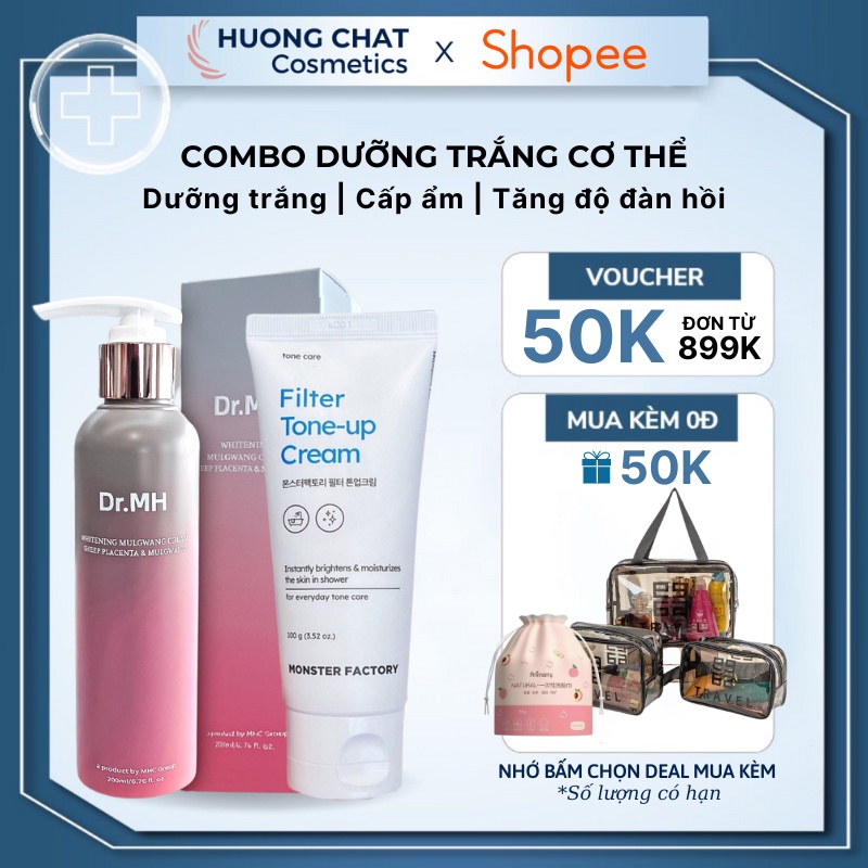 Combo trắng da (Sữa tắm DR.MH Placenta & Mulgwang Whitening body + Kem Kích Trắng Nâng Tone Filter Tone-Up Cream)