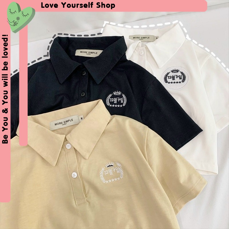 [Có ảnh thật] Áo croptop cổ bẻ in logo cute