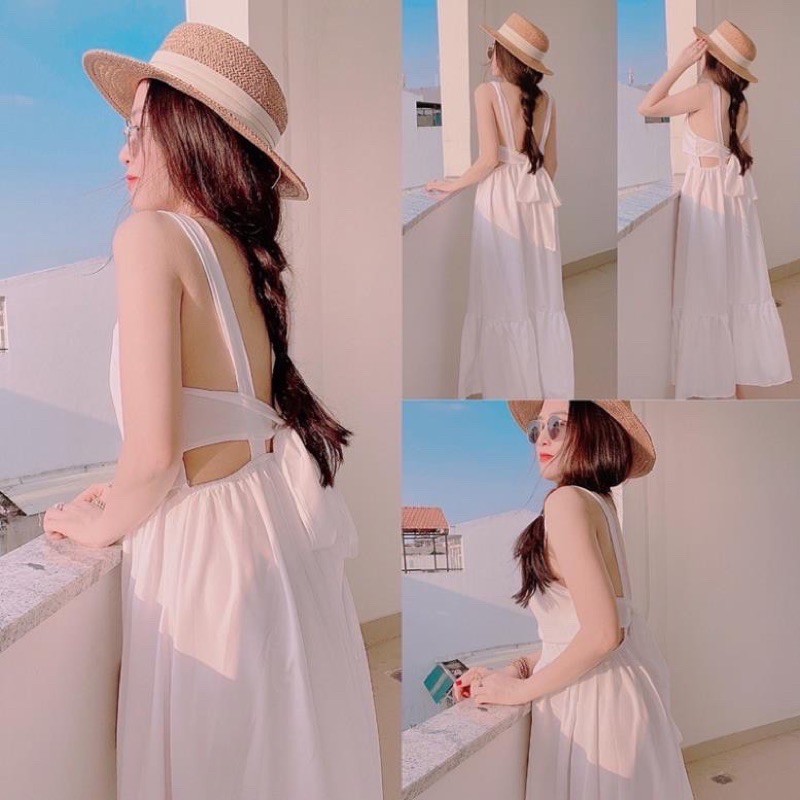 Đầm váy nữ maxi trắng đi biển du lịch, Đầm maxi xoè nơ dáng dài mút ngực