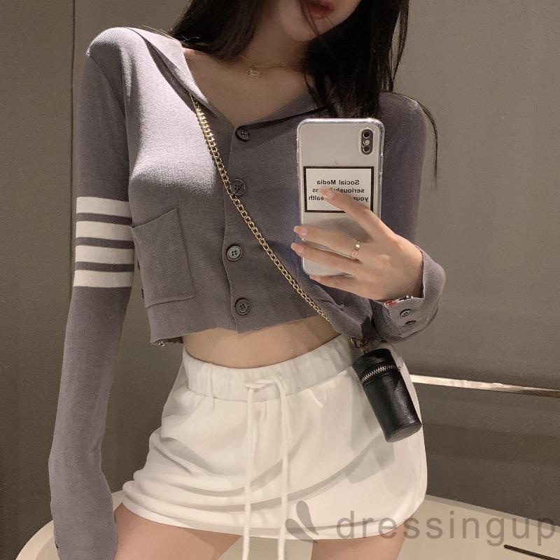 Áo khoác cardigan cổ chữ V tay dài họa tiết kẻ sọc có túi thời trang cho nữ