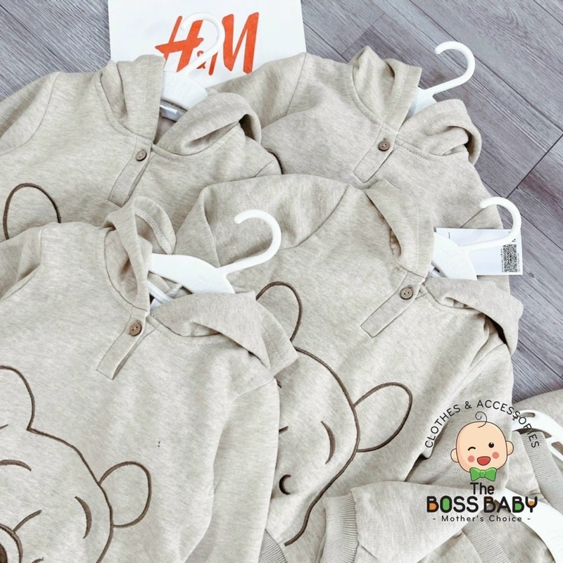 Bộ nỉ Hodie Bé trai mũ gấu màu be