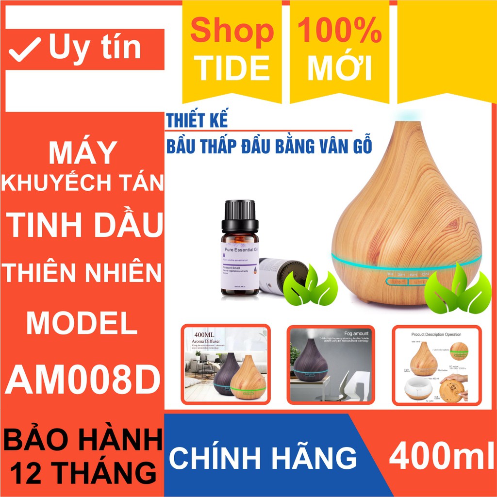 Thiết bị khuếch tán tinh dầu Aroma AM008D – Thiết kế bầu thấp đầu bằng – Dung tích 400ml - Led 7 màu – Bảo hành 1 năm