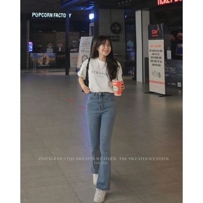Quần Jeans bò loe xanh nhạt may gấu mới