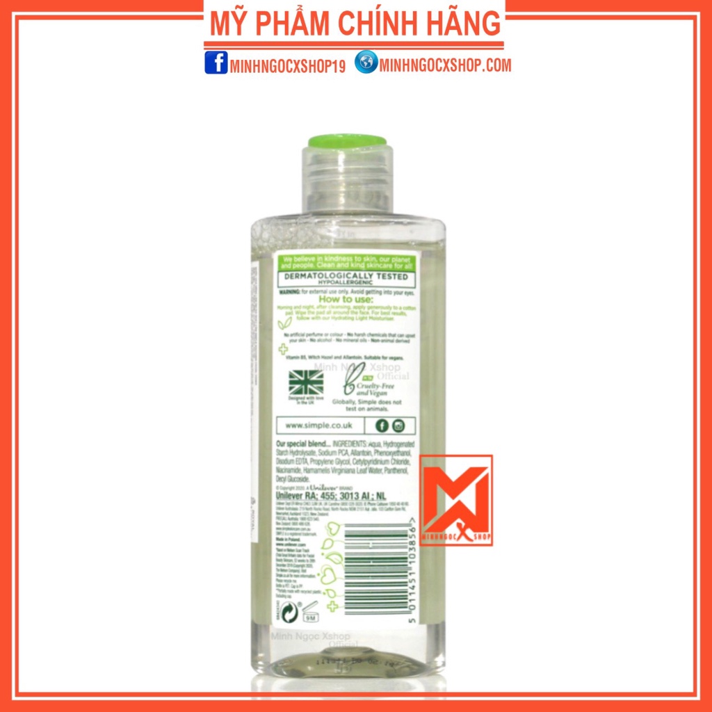 Nước hoa hồng Simple, nước hoa hồng làm dịu da Simple Soothing Facial Toner 200ml chính hãng