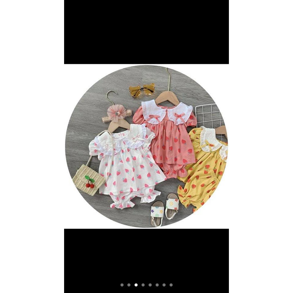 (sỉ lẻ) Bộ Thô Mềm Bé Gái Họa Tiết Dâu - (chuẩn hàng) 16-30kg