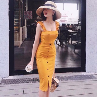 Váy body len tăm hai màu đen vàng