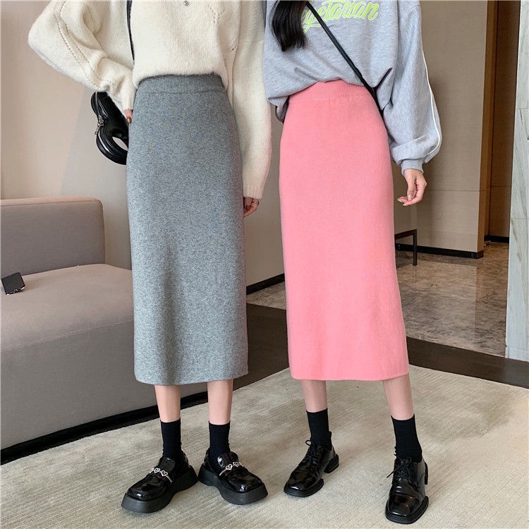 Chân Váy Dệt Kim Dáng Chữ A Lưng Cao Xẻ Tà Thời Trang Thu Đông Hàn Quốc