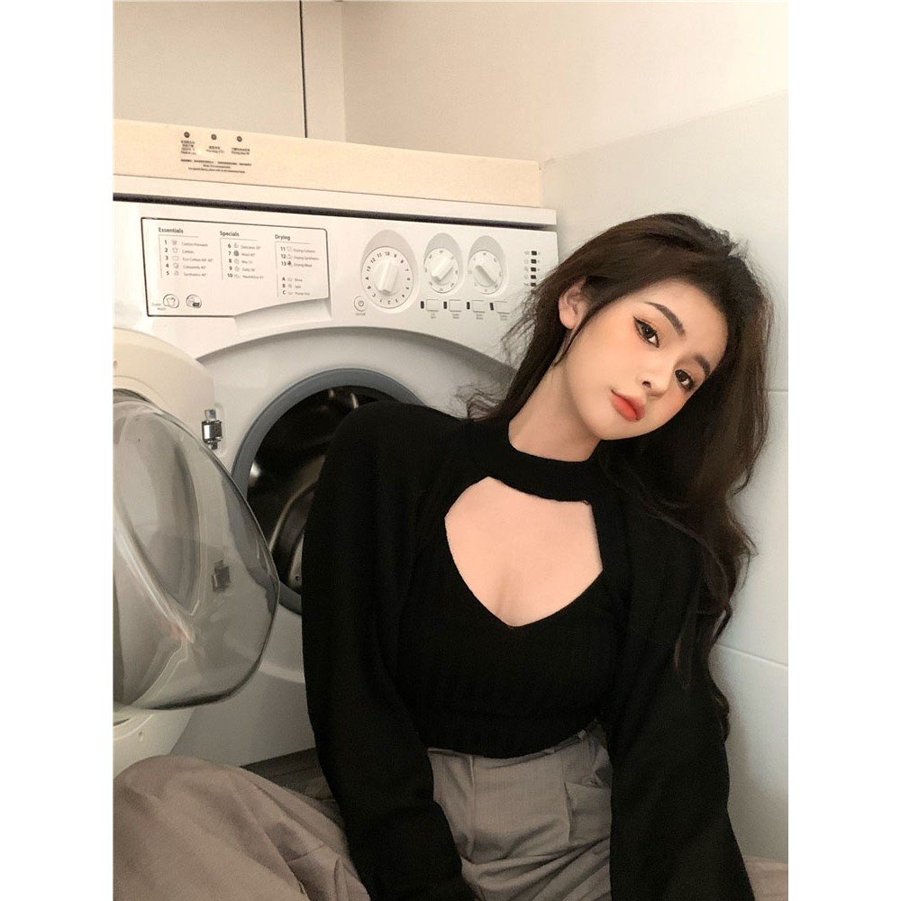 [Sẵn] Set len cardigan sang chảnh áo 2 dây len và áo khoác dài tay croptop A311 | BigBuy360 - bigbuy360.vn