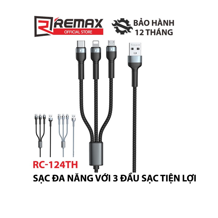 Cáp sạc điện thoại đa năng 3 in 1 Jany Series Remax RC-124th cổng Micro USB , Type C , iP