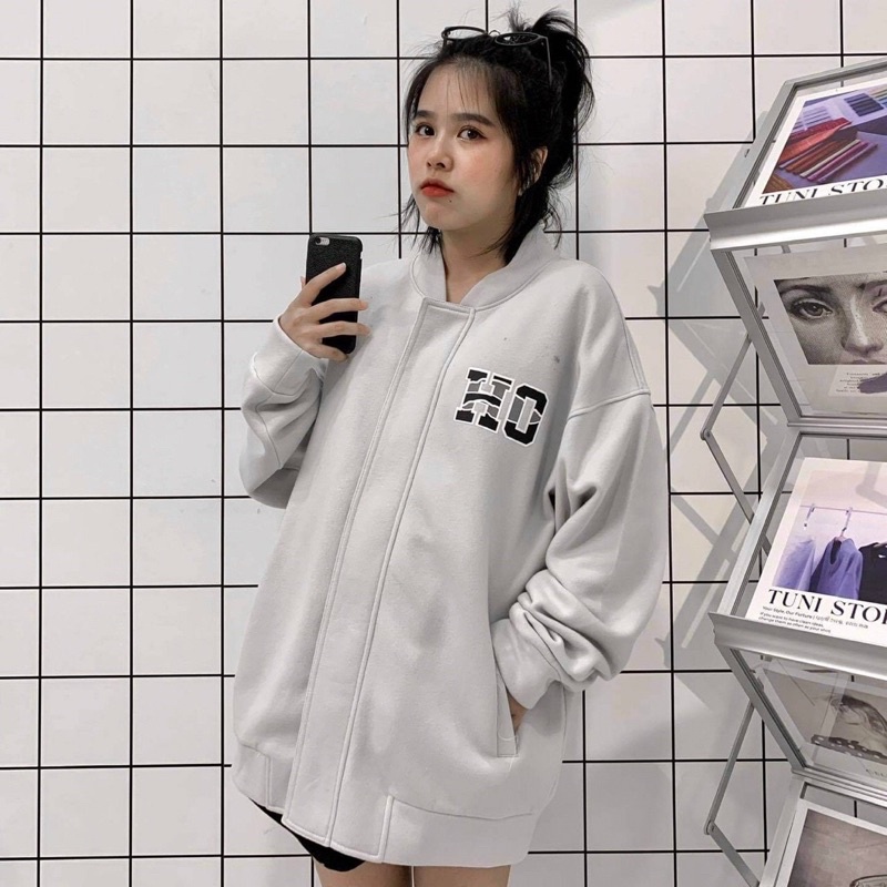 Áo Khoác Bomber HOPING Màu Xám Form Rộng Unisex Ulzzang