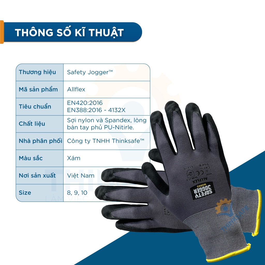 Găng tay lao động Jogger Allflex sử dụng đa năng, phủ PU, chống dầu mỡ, thao tác máy móc, cơ khí - THINKSAFE