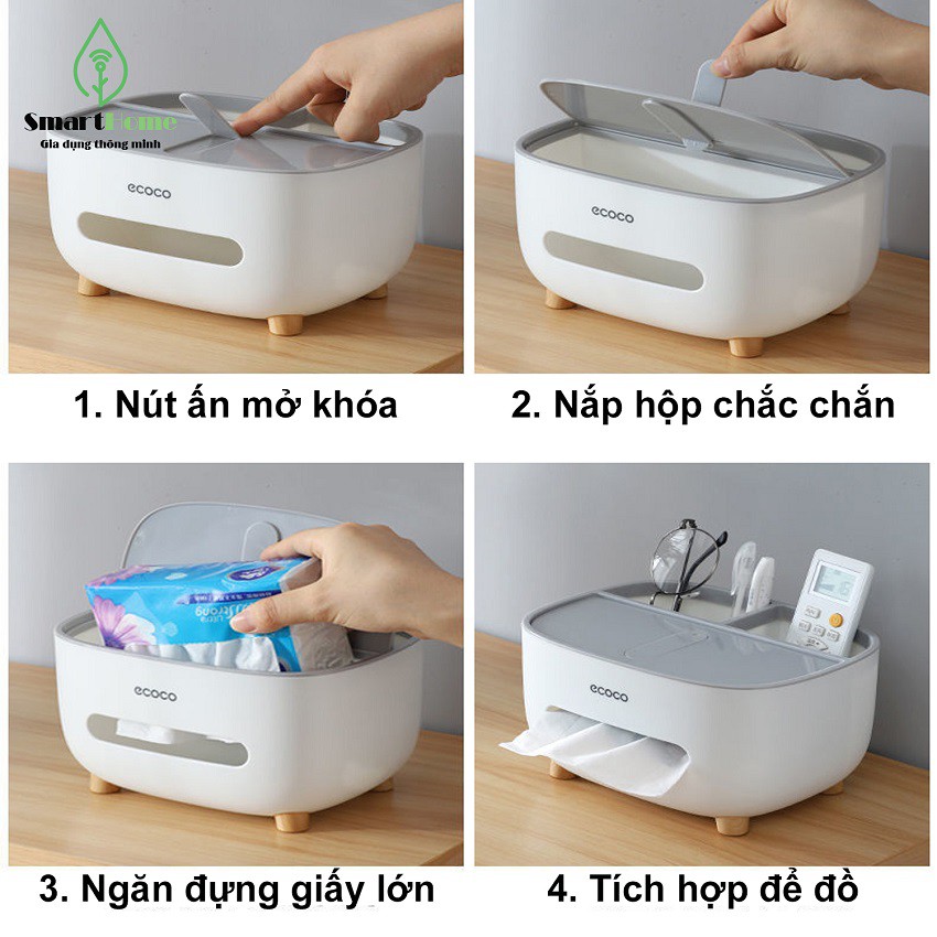 Hộp Giấy Ăn Cao Cấp Ecoco E2009, Chất Liệu ABS, Có Khoang Chứa Đồ, Chân Caosu Siêu Tiện Lợi