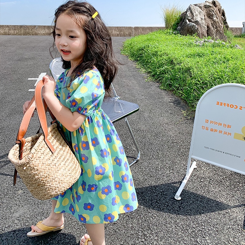 Đầm Công Chúa Một Mảnh Tay Phồng In Hoa Nhiều Màu Cho Bé Gái