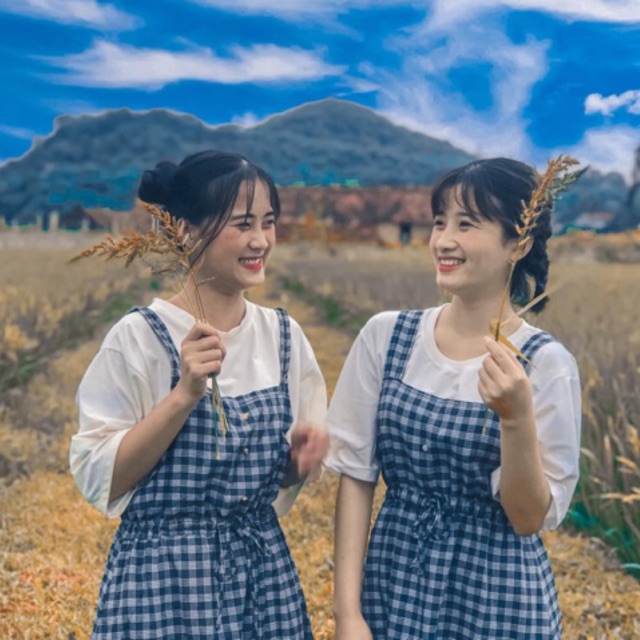 Váy yếm kẻ ULZZANG/VINTAGE thắt nơ hot hit