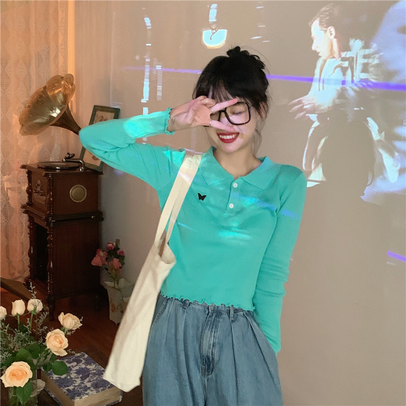 SUXI BUTTERFLY Áo Sơ Mi Dệt Kim Tay Dài Hoạ Tiết Bướm Thêu Nhiều Màu Sắc Phong Cách Retro