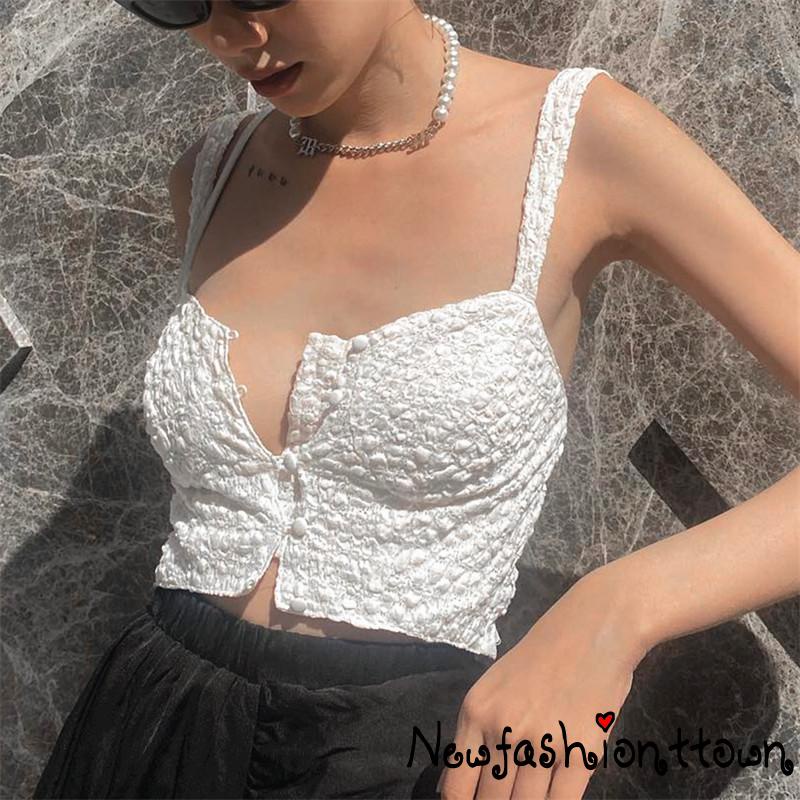 NFashion-Áo ba lỗ hai mảnh thời trang mùa hè họa tiết cổ điển màu trơn cho nữ