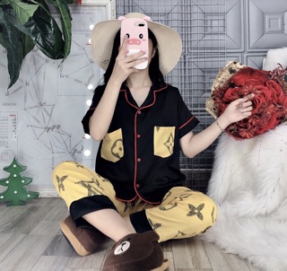 Pijama lụa phối tay ngắn quần dài