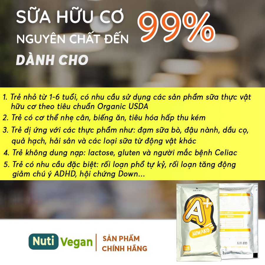 Sữa Công Thức Hạt Thực Vật Hữu Cơ Miwako A+ Vani, Miwako Gạo, Miwakoko Cacao Gói Dùng Thử 30g - Nutivegan