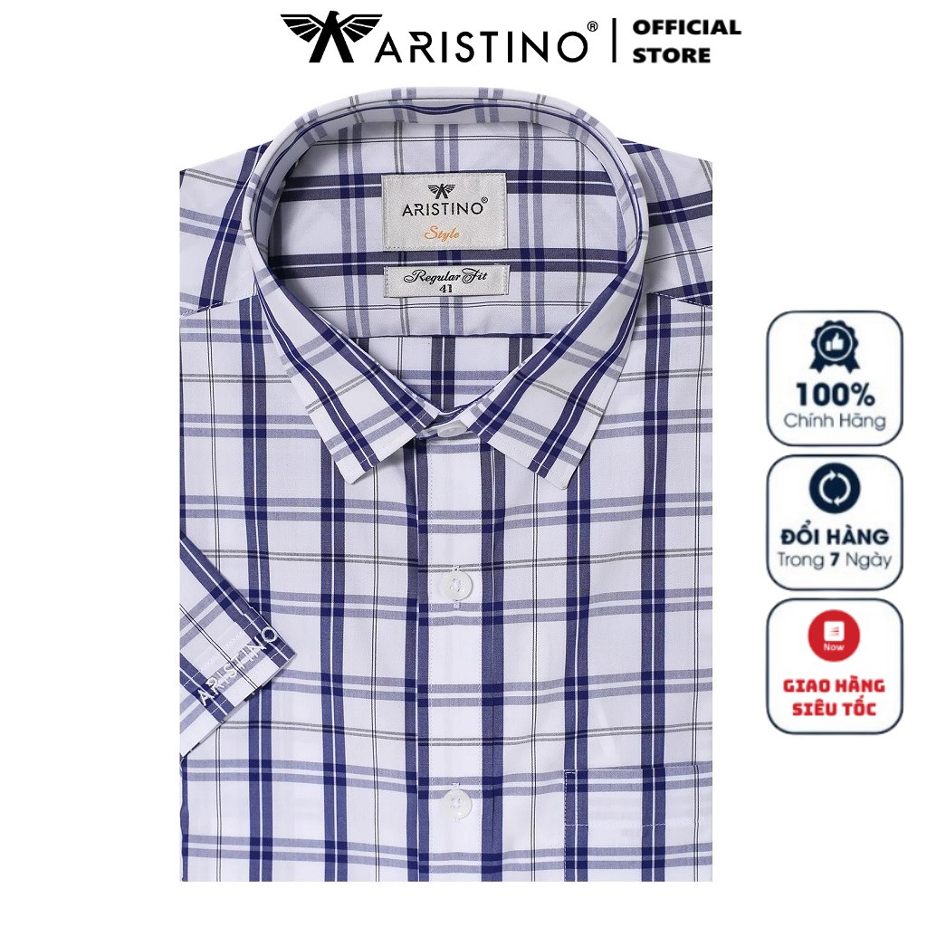 Áo Sơ Mi Nam Ngắn Tay ARISTINO ASS599S8 Somi Công Sở Cao Cấp màu kẻ ô tím than Vải sợi sồi Dáng suông tà lượn có túi