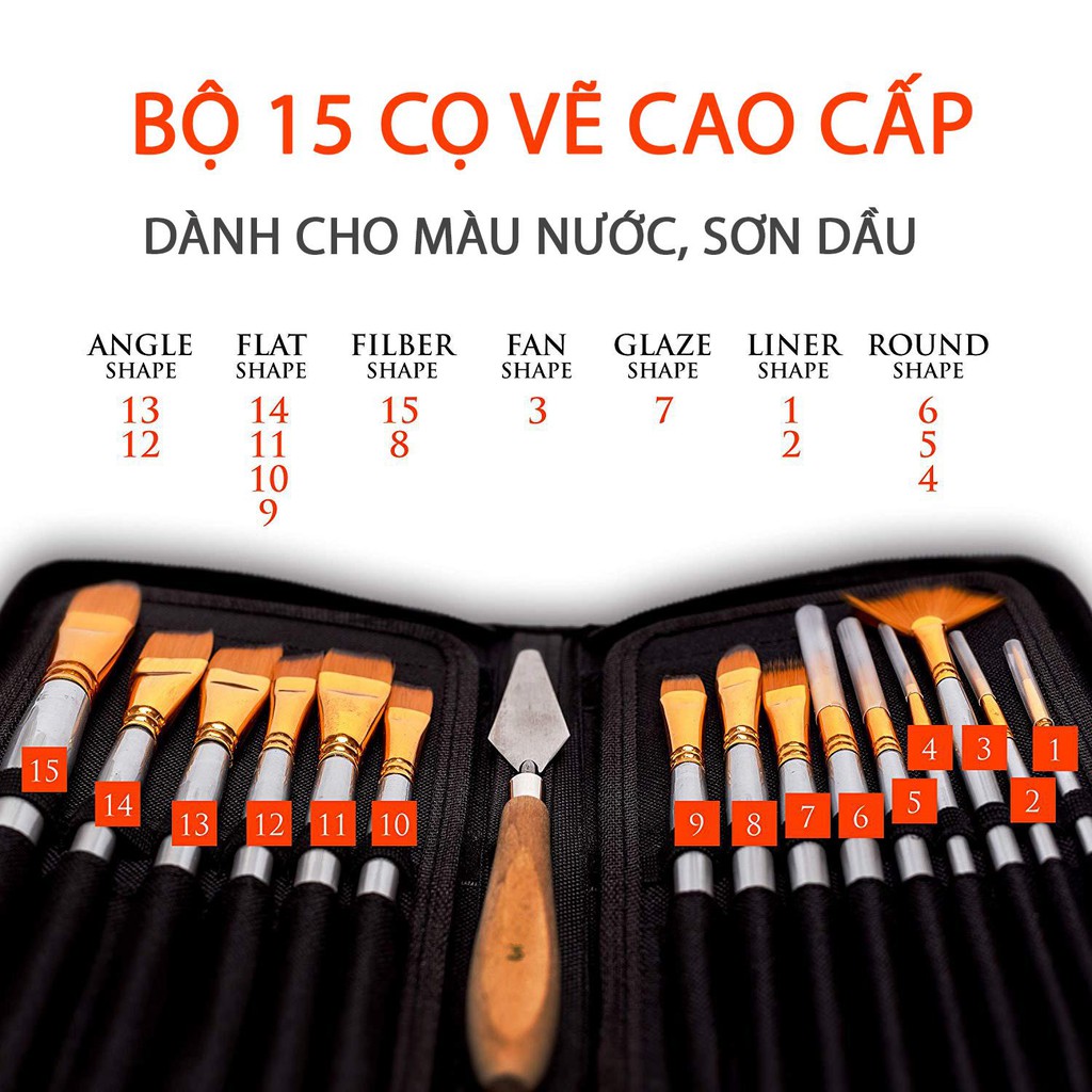 Bộ 15 Cọ Vẽ Chuyên Nghiệp Hộp đựng Cao Cấp, Tặng Bay Trộn Màu, Bọt Biển