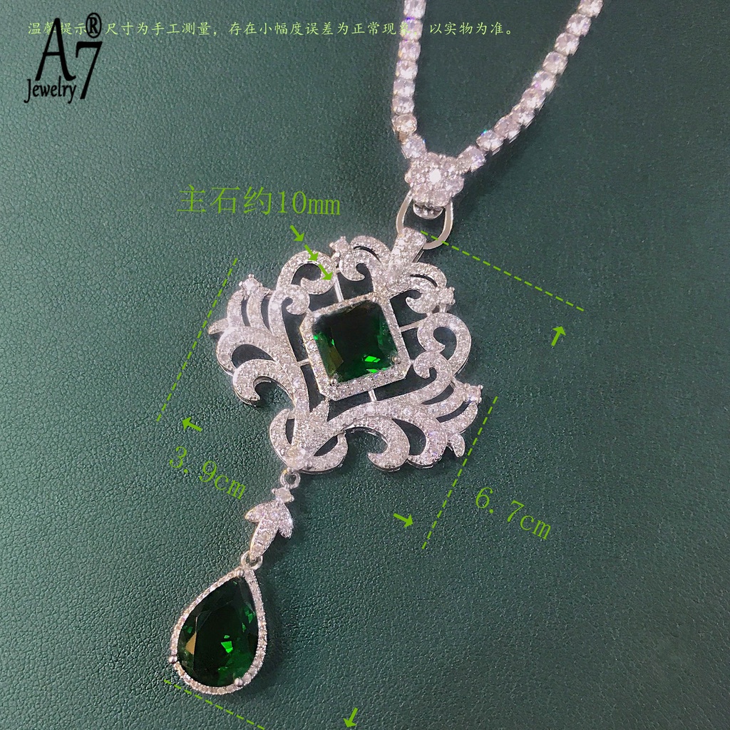 Vòng cổ Bạc A7 S925 Mặt Đá Ngọc Lục Bảo Hình Giọt Nước Hai Chức Năng Dát Kim Cương Rỗng Cho Nữ