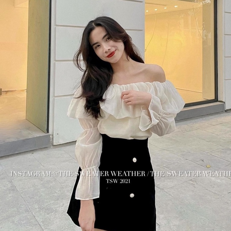 Áo trễ vai LOZADO thiết kế tay phồng 2 lớp tiểu thư xinh xắn bánh bèo A571