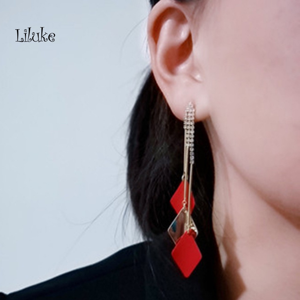 1 Đôi Bông Tai Dáng Dài Hình Thoi Đính Đá Xinh Xắn Thời Trang